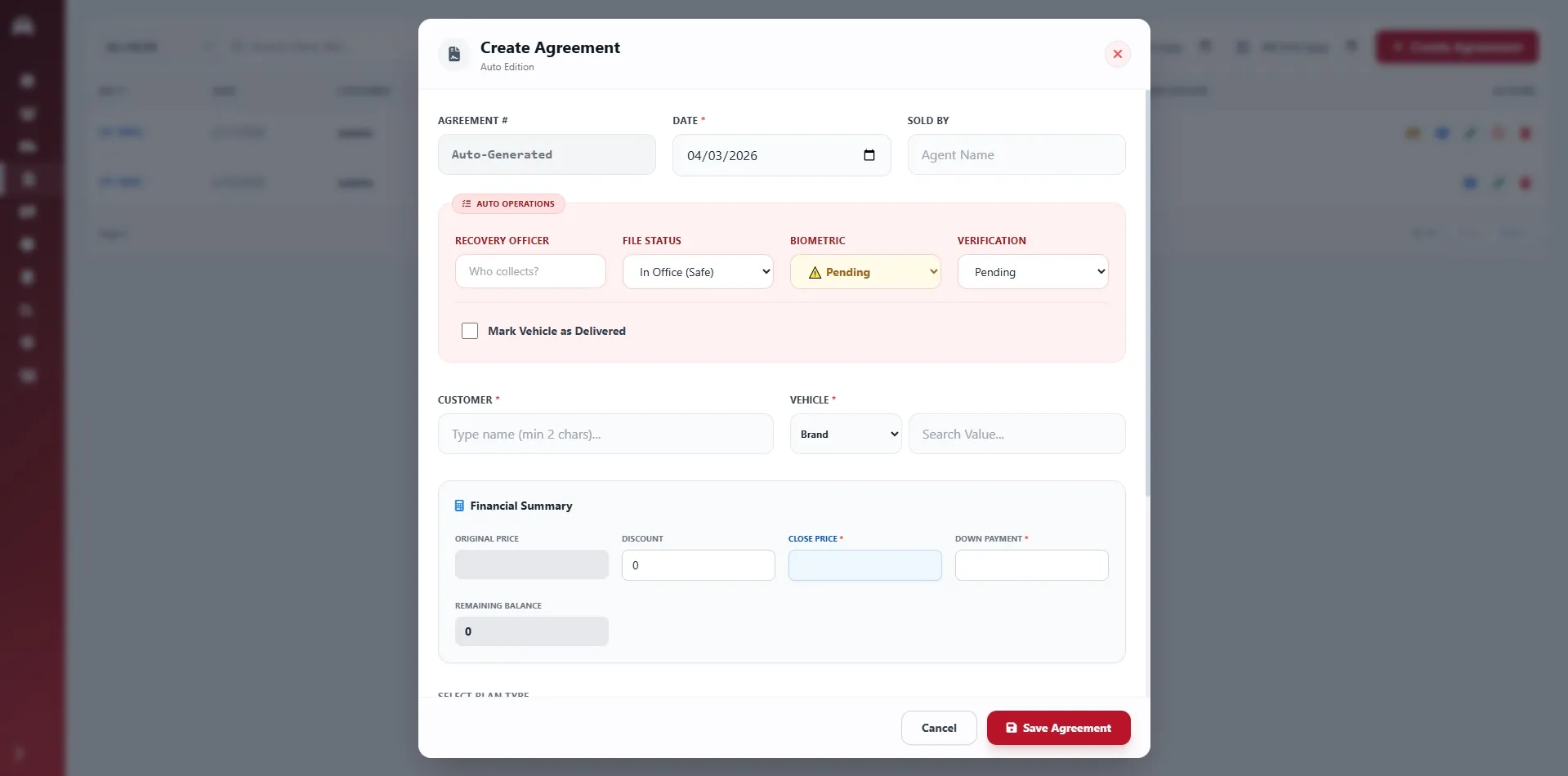 Create Agreement Screen